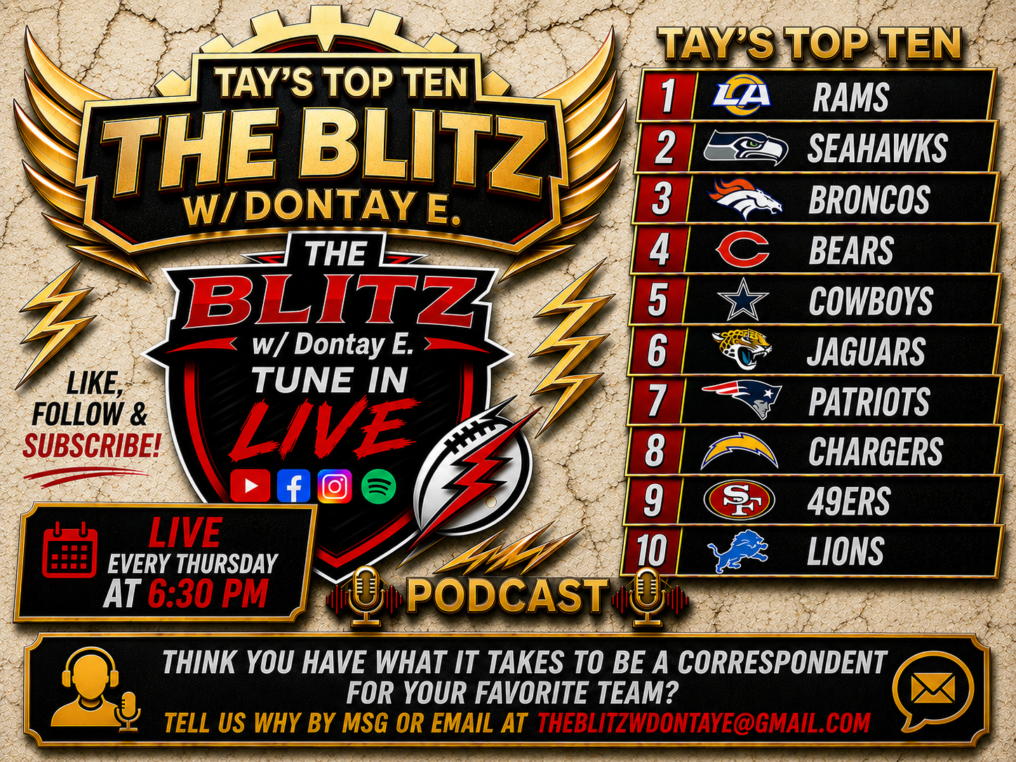 Tay's Top Ten NFL rankings graphic
